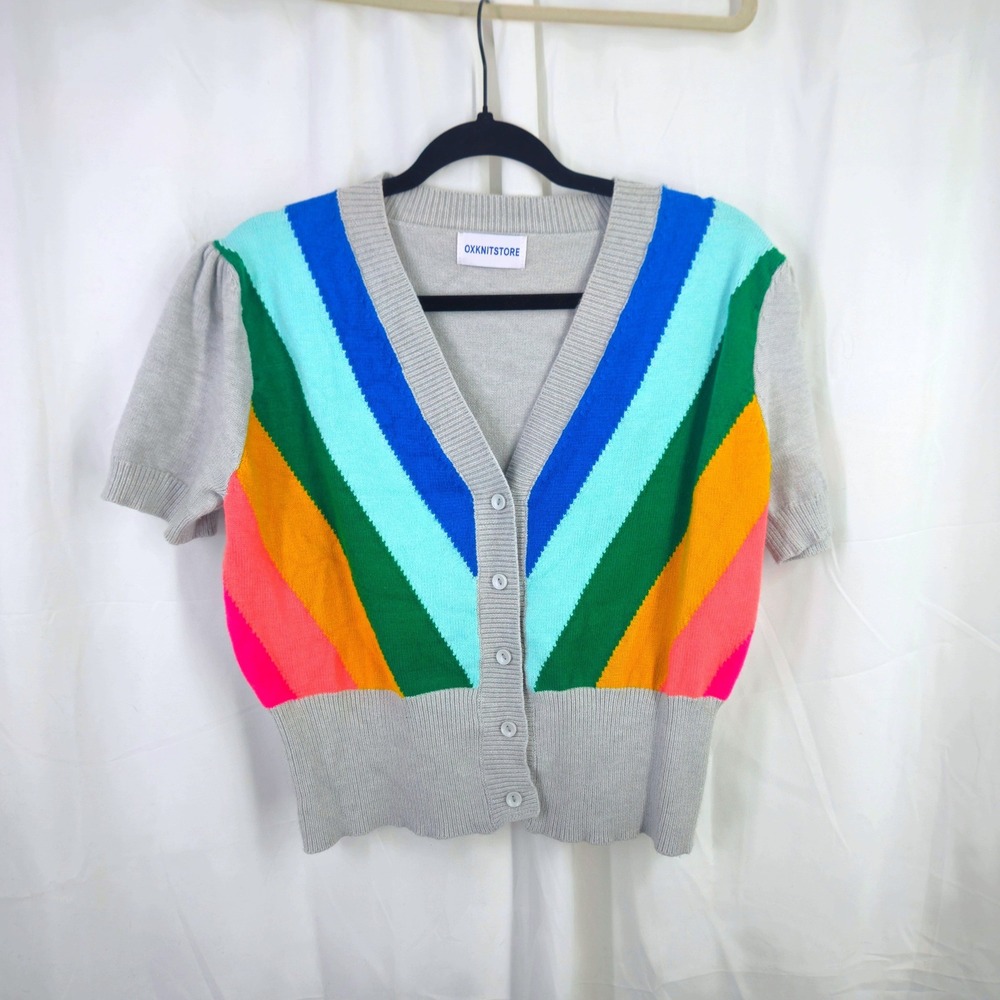 OXKNITSTORE Retro Rainbow Stripe Short Sleeve Soft Cardigan Grey V-Neck Button - Picture 8 of 8